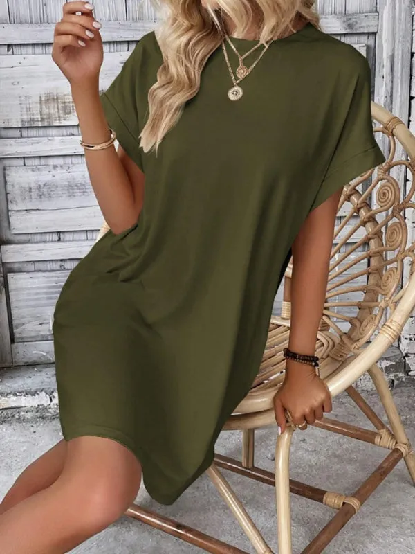 Loose Fit Pocket Dress with Round Neck and Short Sleeves
