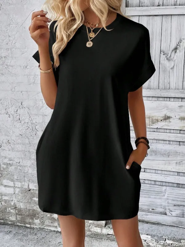 Loose Fit Pocket Dress with Round Neck and Short Sleeves