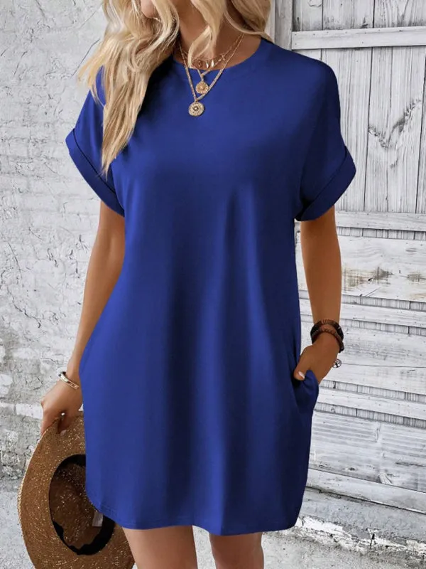 Loose Fit Pocket Dress with Round Neck and Short Sleeves