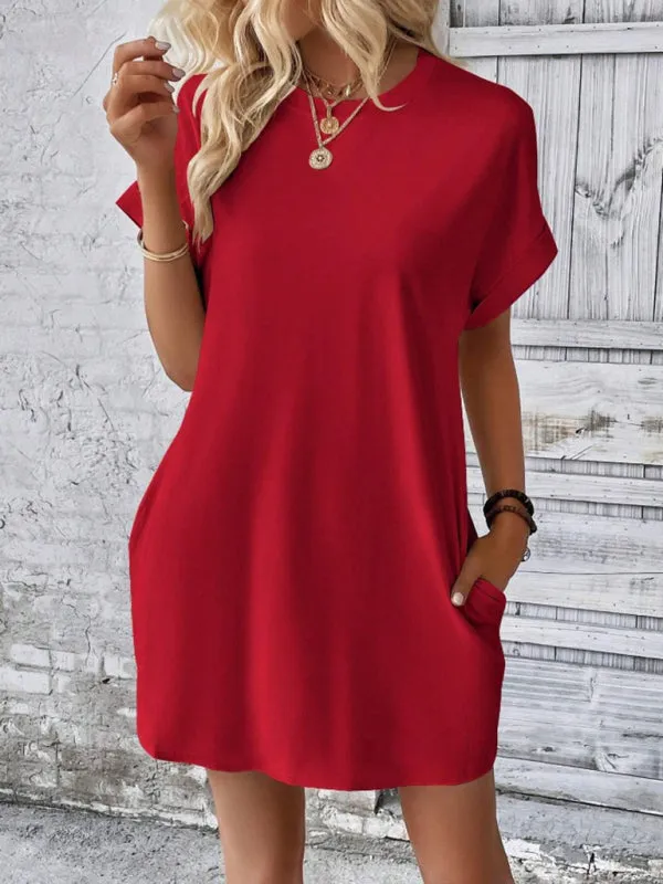 Loose Fit Pocket Dress with Round Neck and Short Sleeves