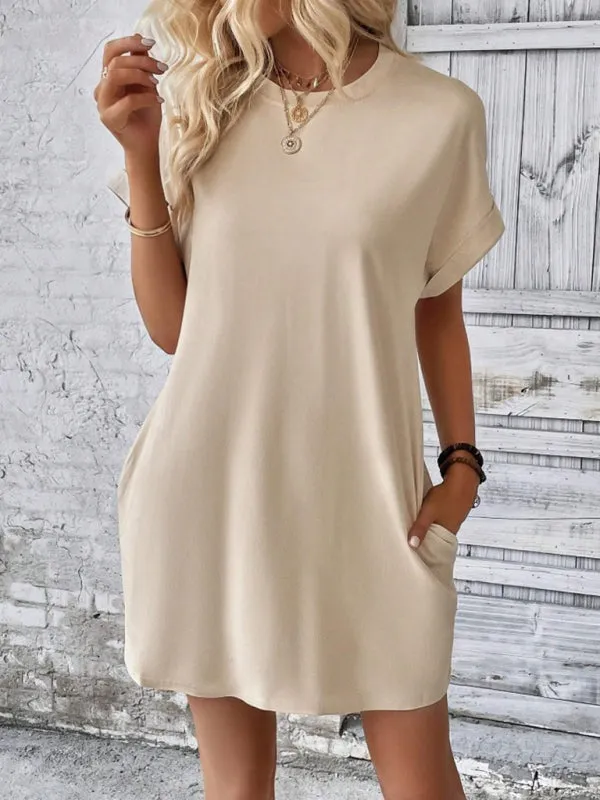 Loose Fit Pocket Dress with Round Neck and Short Sleeves