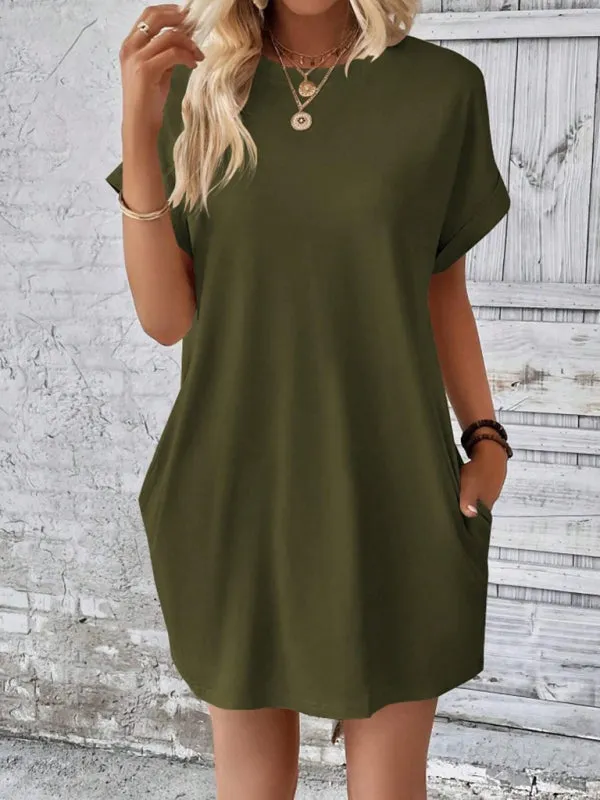 Loose Fit Pocket Dress with Round Neck and Short Sleeves