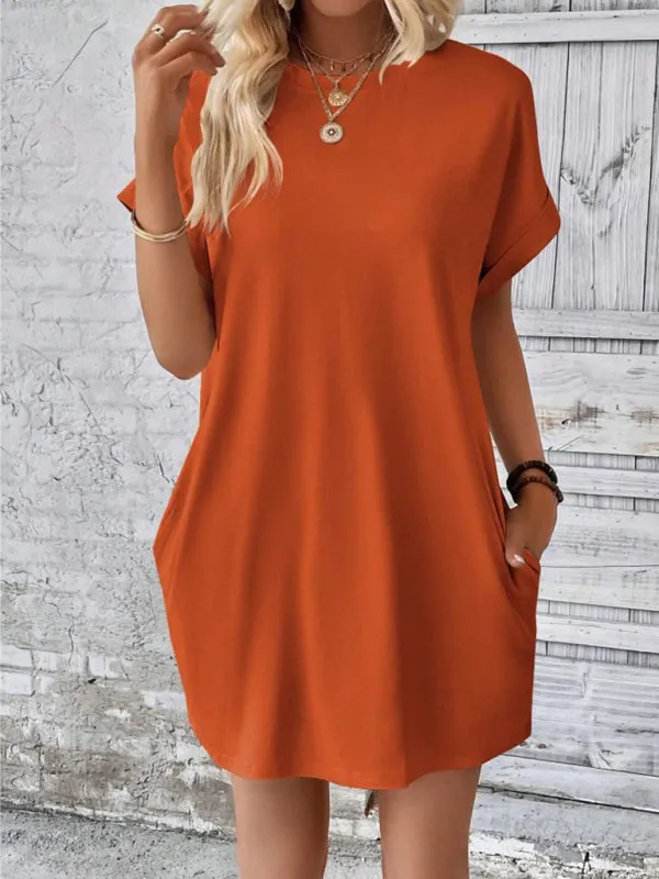 Loose Fit Pocket Dress with Round Neck and Short Sleeves