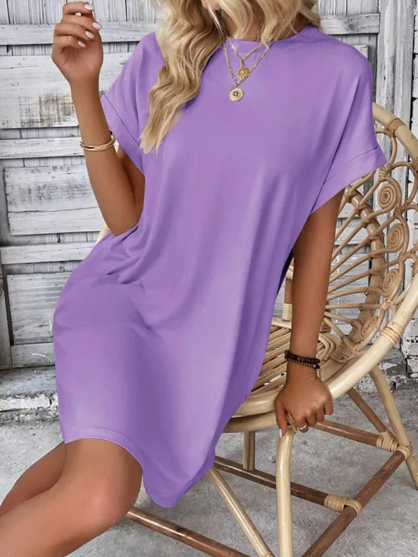 Loose Fit Pocket Dress with Round Neck and Short Sleeves