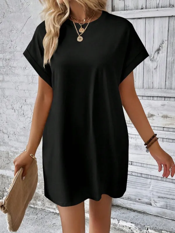 Loose Fit Pocket Dress with Round Neck and Short Sleeves