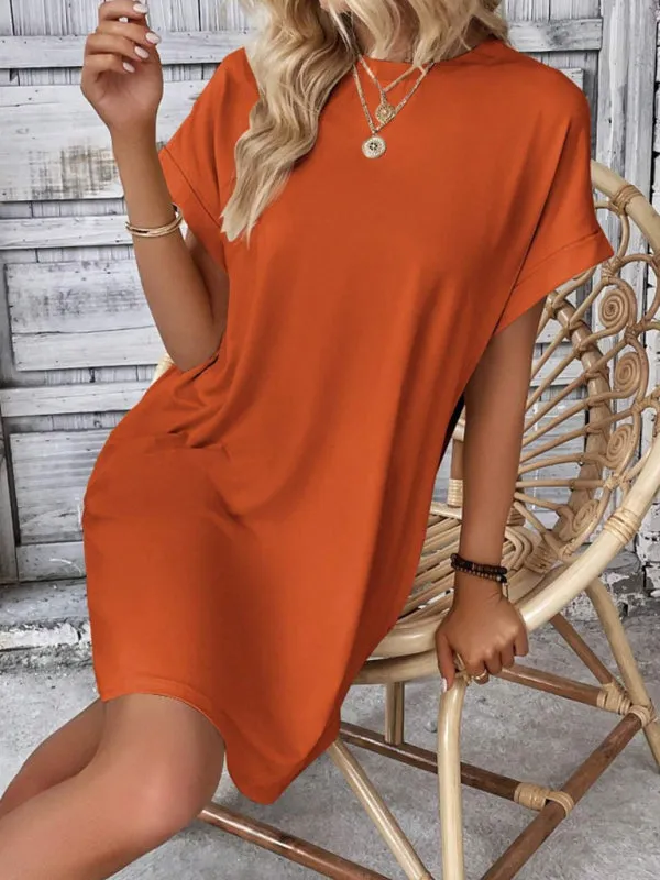 Loose Fit Pocket Dress with Round Neck and Short Sleeves