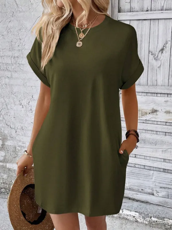 Loose Fit Pocket Dress with Round Neck and Short Sleeves