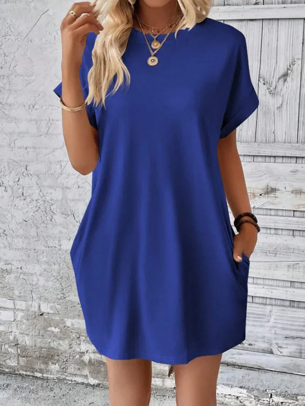 Loose Fit Pocket Dress with Round Neck and Short Sleeves