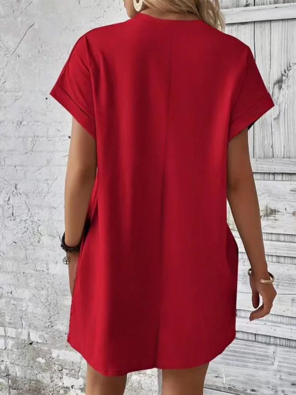 Loose Fit Pocket Dress with Round Neck and Short Sleeves
