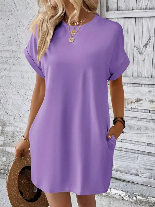 Loose Fit Pocket Dress with Round Neck and Short Sleeves