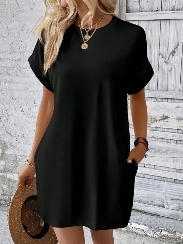 Loose Fit Pocket Dress with Round Neck and Short Sleeves