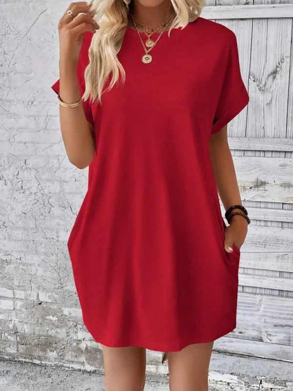 Loose Fit Pocket Dress with Round Neck and Short Sleeves