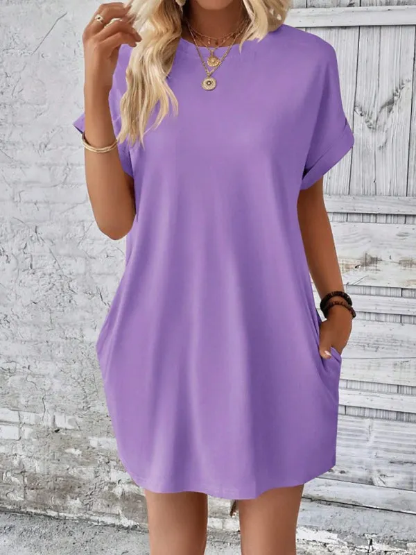 Loose Fit Pocket Dress with Round Neck and Short Sleeves