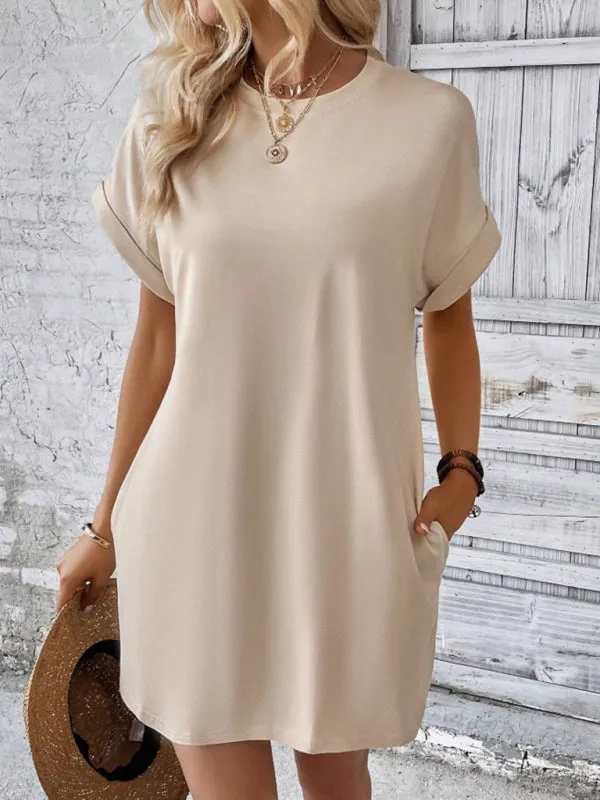 Loose Fit Pocket Dress with Round Neck and Short Sleeves