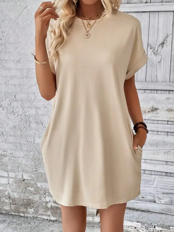 Loose Fit Pocket Dress with Round Neck and Short Sleeves