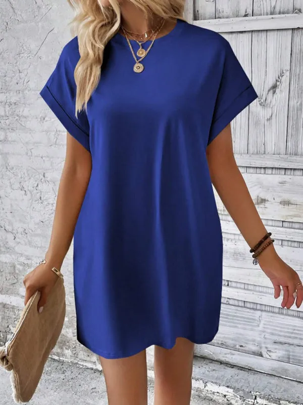 Loose Fit Pocket Dress with Round Neck and Short Sleeves