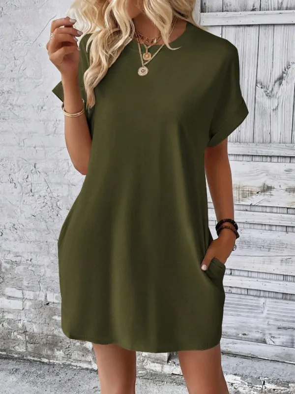Loose Fit Pocket Dress with Round Neck and Short Sleeves