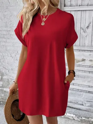 Loose Fit Pocket Dress with Round Neck and Short Sleeves