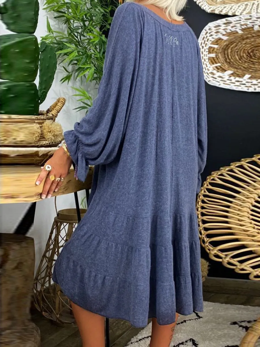 Loose V-Neck Oversize Pure Color Casual Dress