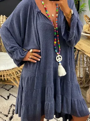 Loose V-Neck Oversize Pure Color Casual Dress