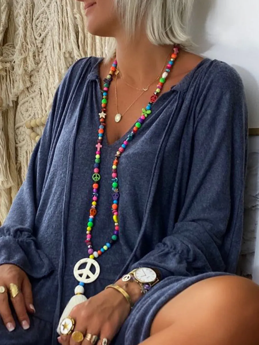 Loose V-Neck Oversize Pure Color Casual Dress