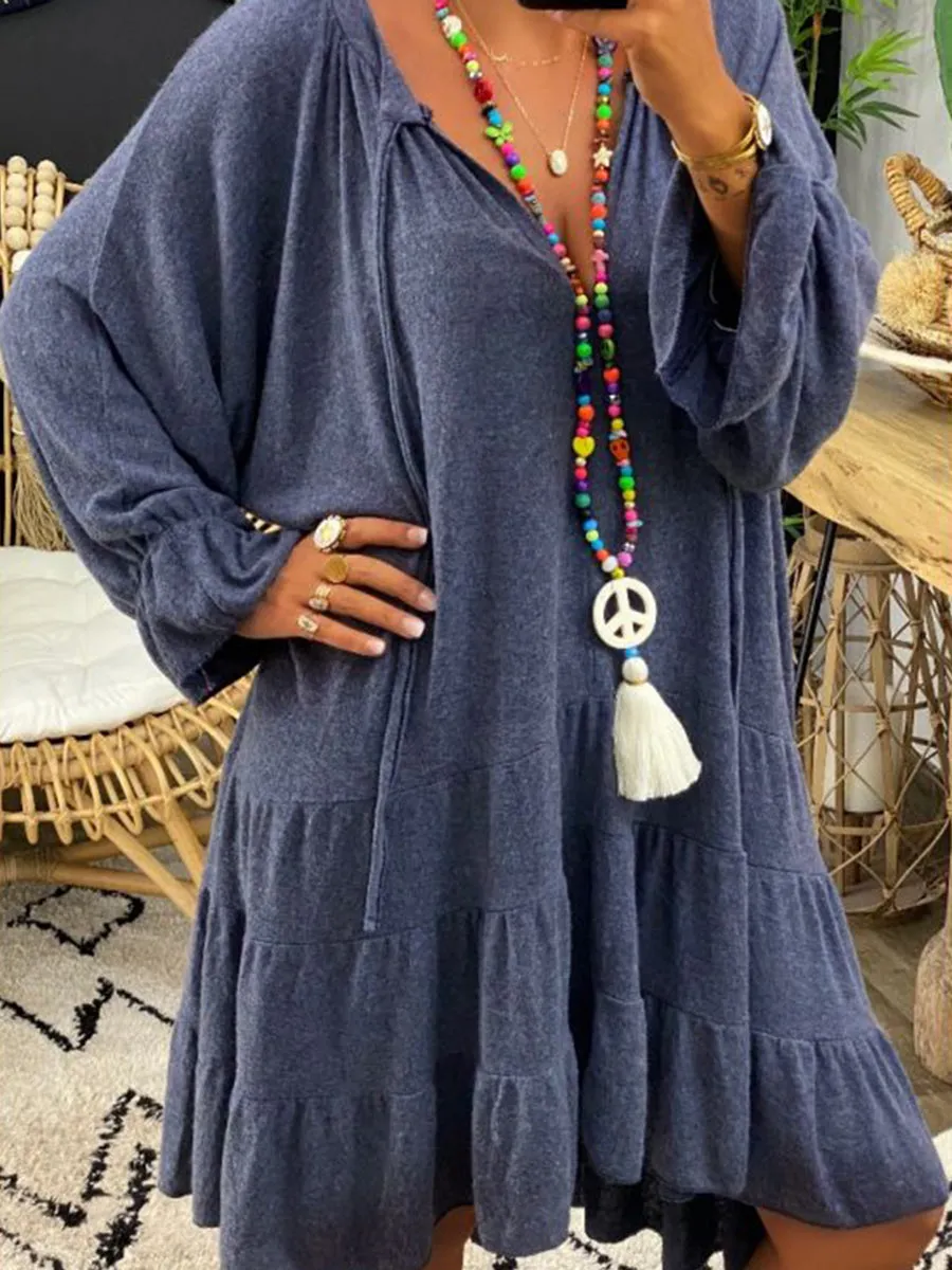 Loose V-Neck Oversize Pure Color Casual Dress
