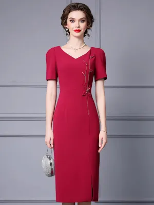 Lorelei V-Neck Short Sleeve Beading  Appliques Office Lady Solid Color Dress