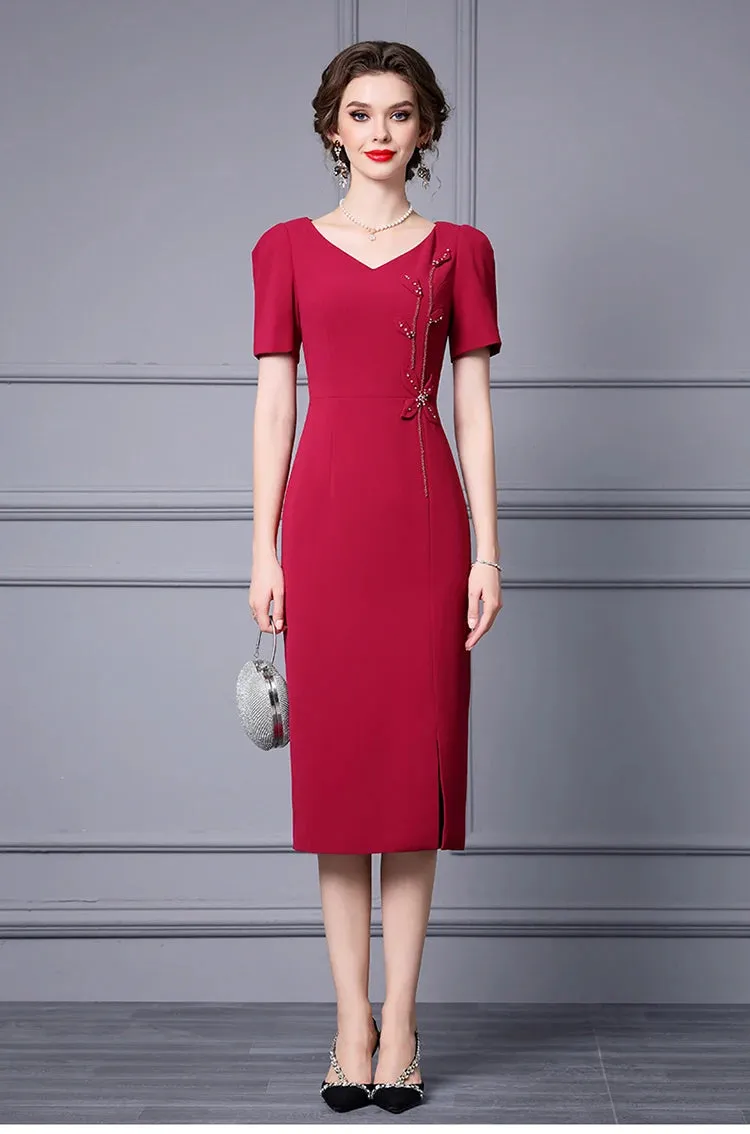 Lorelei V-Neck Short Sleeve Beading  Appliques Office Lady Solid Color Dress