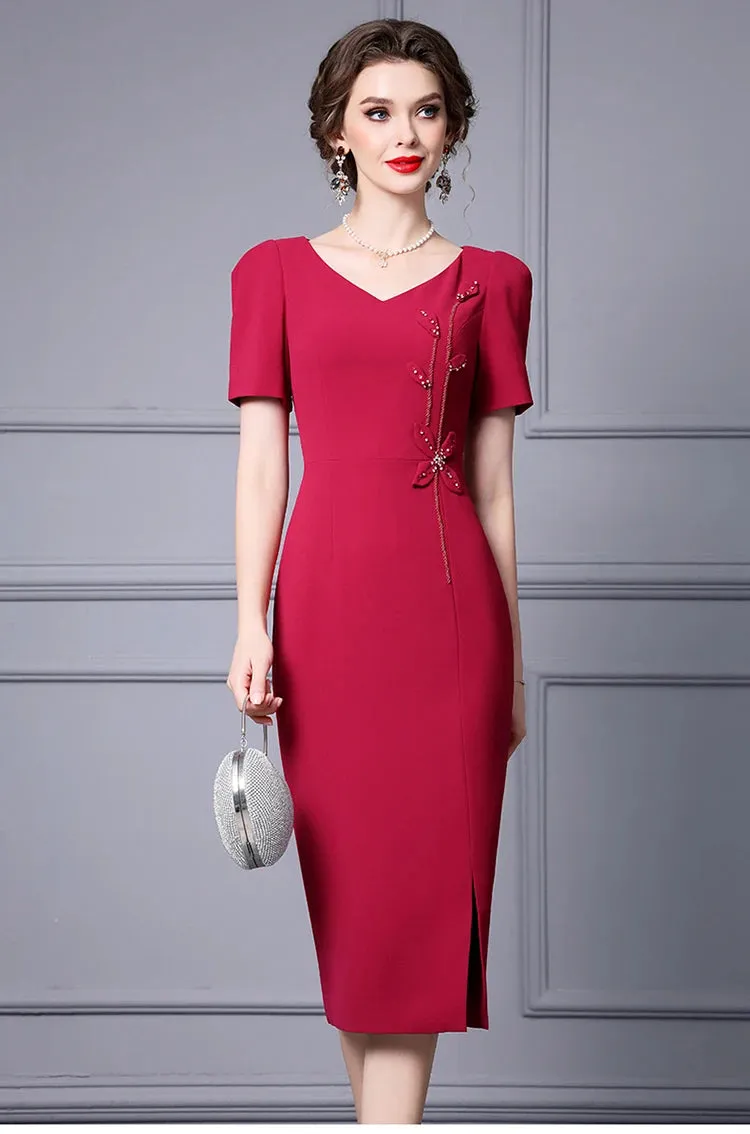 Lorelei V-Neck Short Sleeve Beading  Appliques Office Lady Solid Color Dress