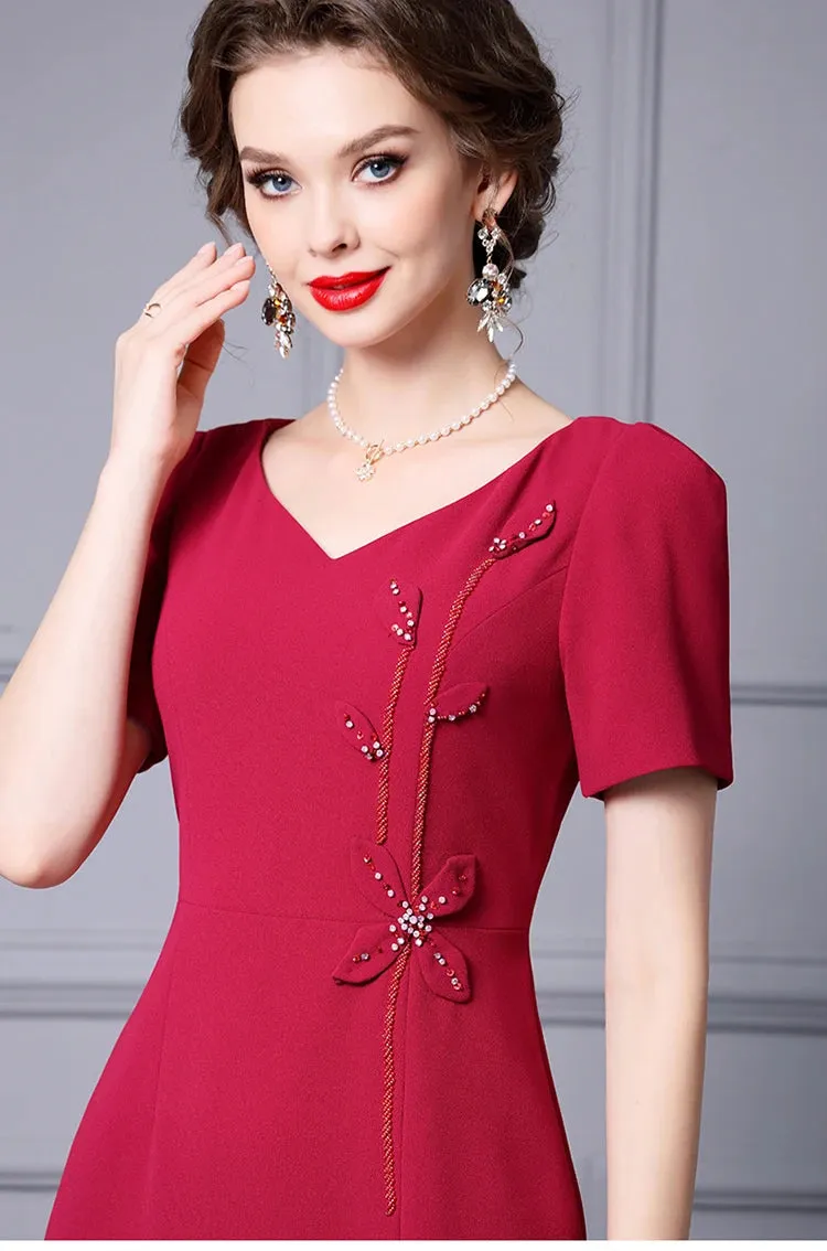 Lorelei V-Neck Short Sleeve Beading  Appliques Office Lady Solid Color Dress
