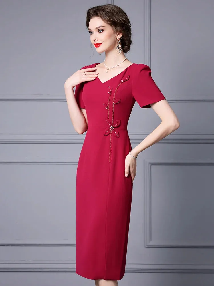 Lorelei V-Neck Short Sleeve Beading  Appliques Office Lady Solid Color Dress