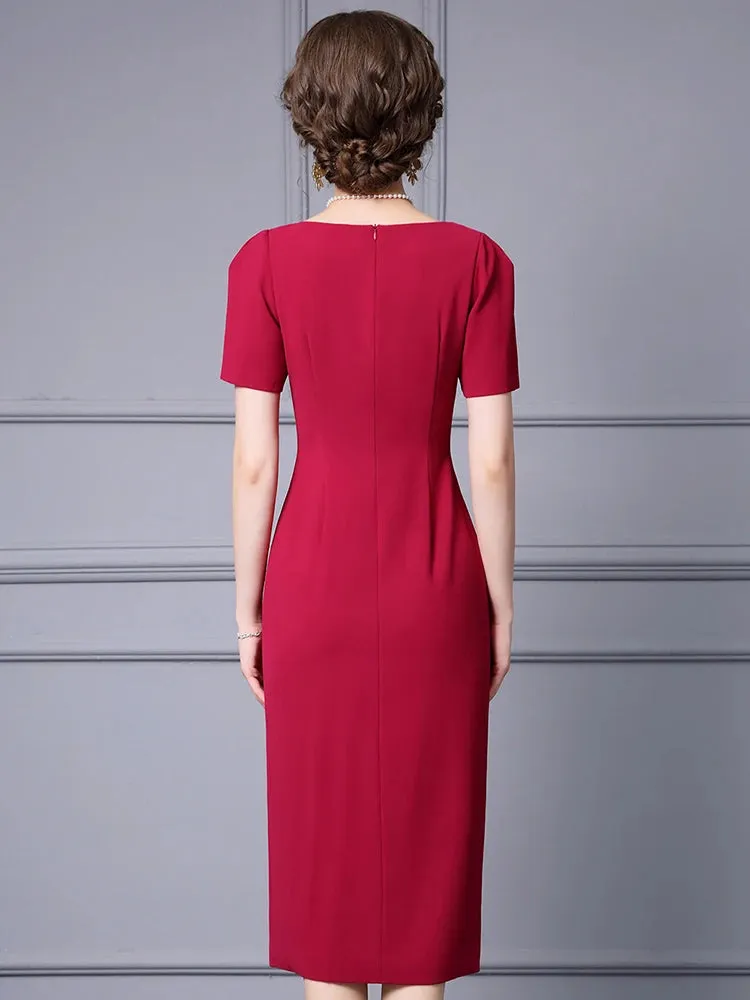 Lorelei V-Neck Short Sleeve Beading  Appliques Office Lady Solid Color Dress