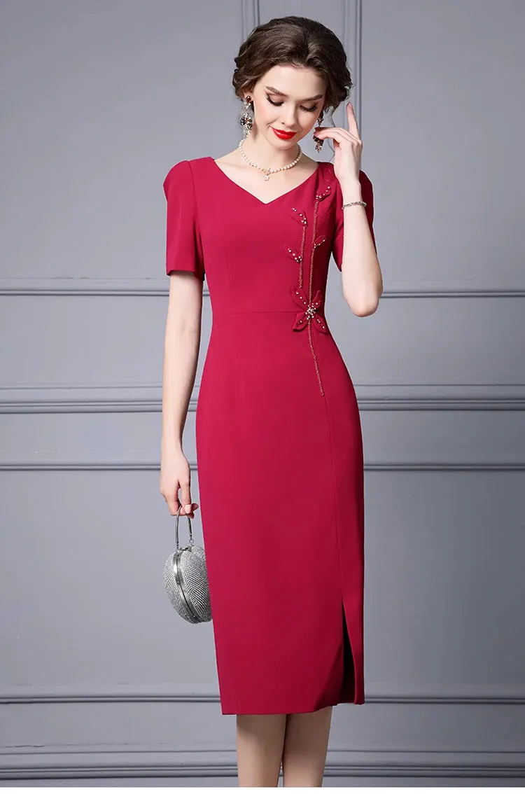 Lorelei V-Neck Short Sleeve Beading  Appliques Office Lady Solid Color Dress