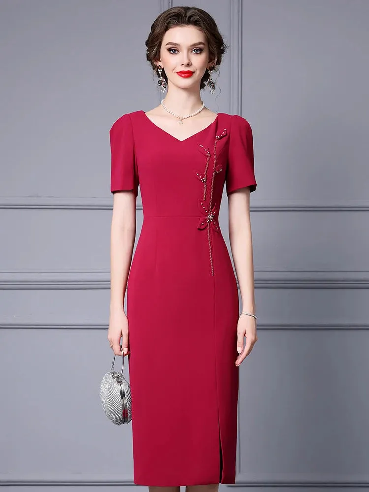 Lorelei V-Neck Short Sleeve Beading  Appliques Office Lady Solid Color Dress