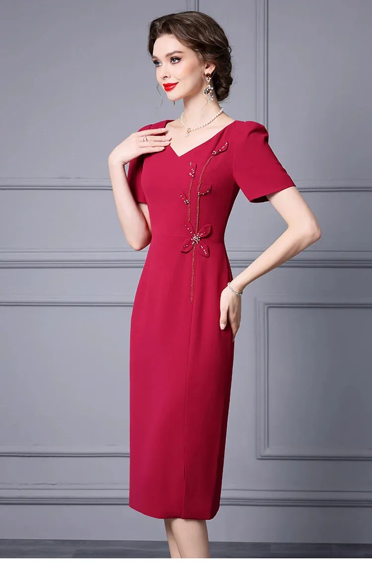 Lorelei V-Neck Short Sleeve Beading  Appliques Office Lady Solid Color Dress