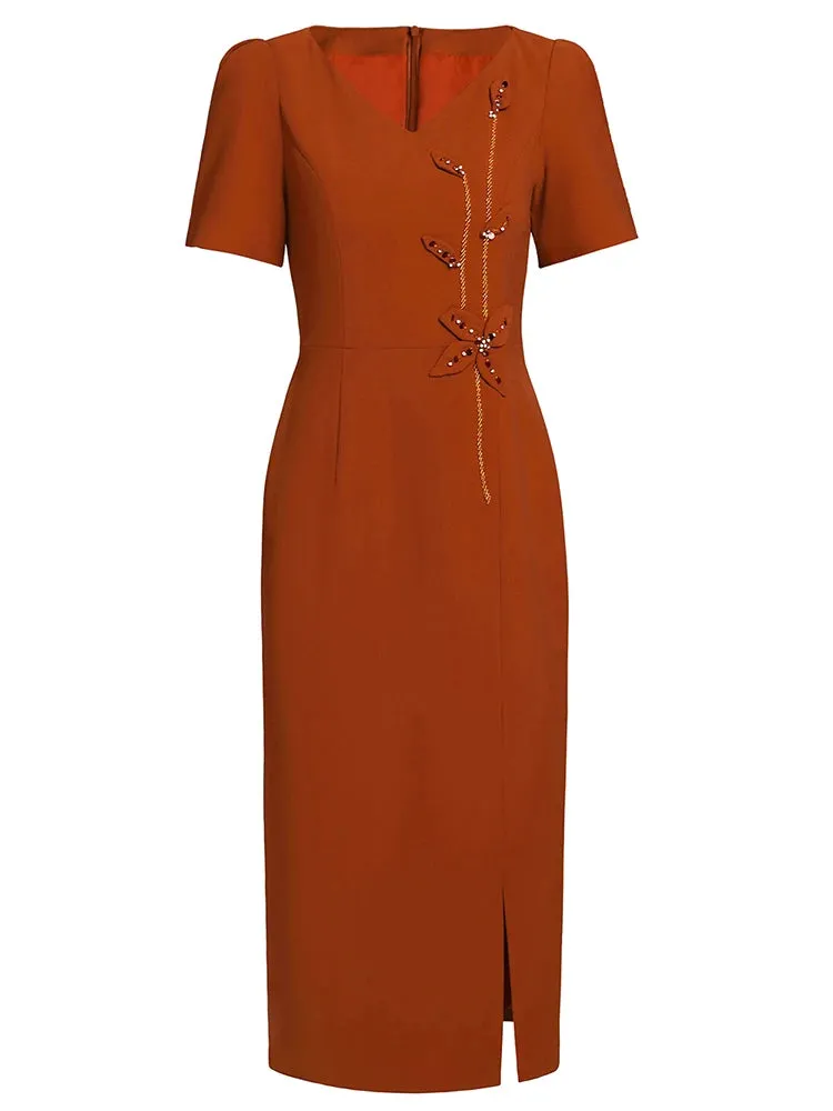 Lorelei V-Neck Short Sleeve Beading  Appliques Office Lady Solid Color Dress
