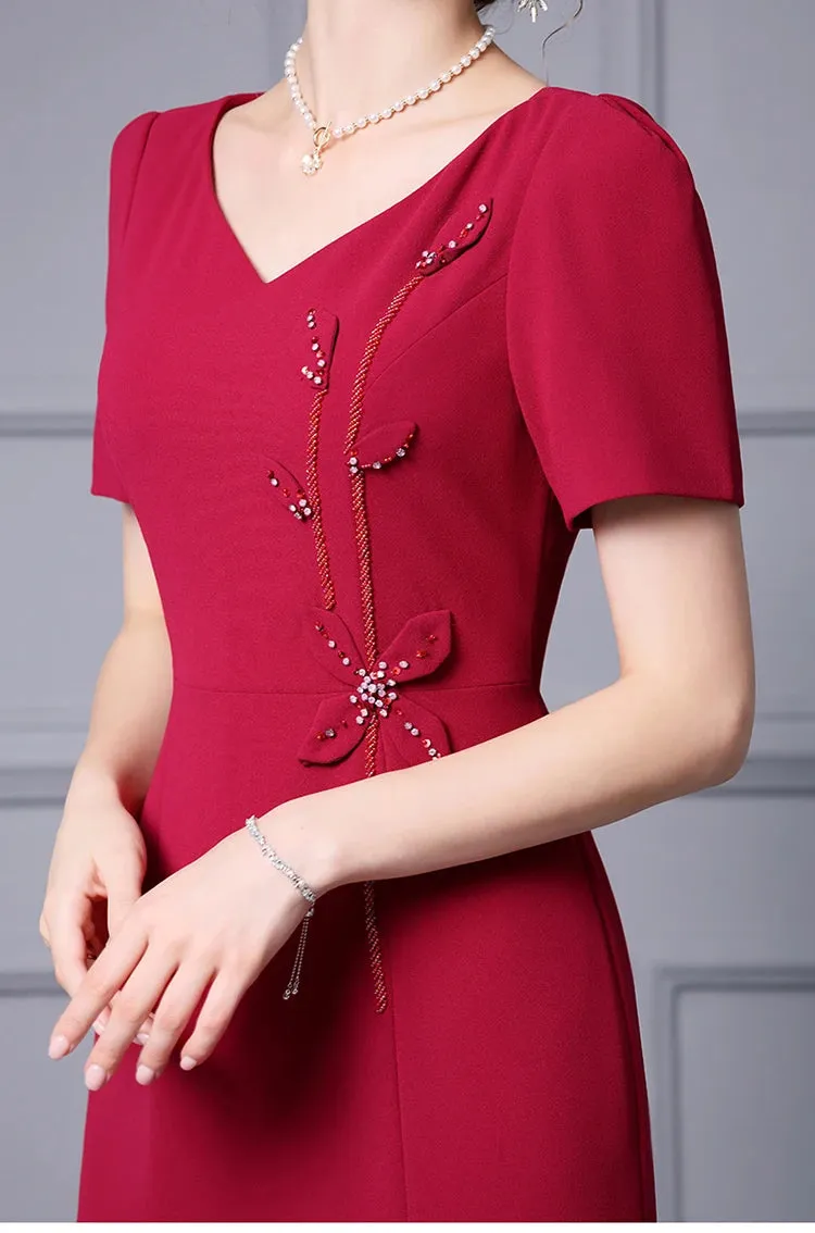 Lorelei V-Neck Short Sleeve Beading  Appliques Office Lady Solid Color Dress