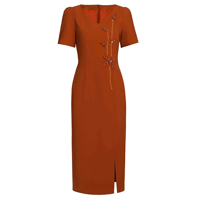 Lorelei V-Neck Short Sleeve Beading  Appliques Office Lady Solid Color Dress