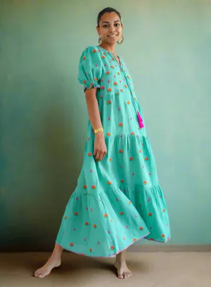 Lotus Embroidered Dress Ocean
