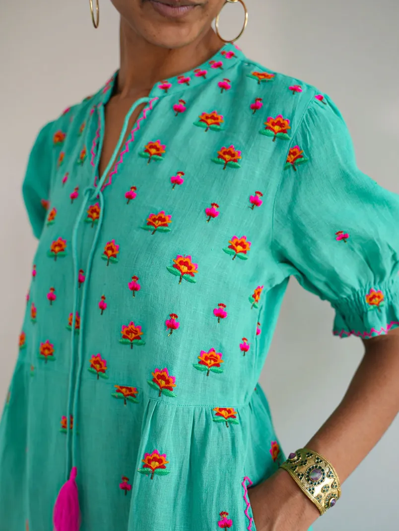 Lotus Embroidered Dress Ocean