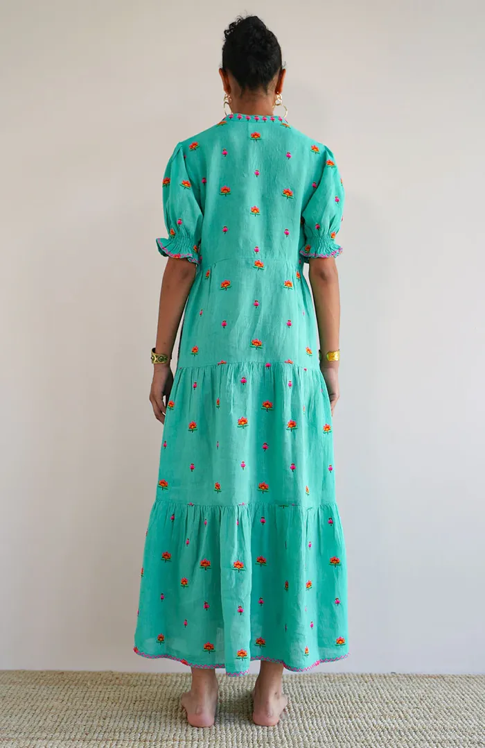 Lotus Embroidered Dress Ocean
