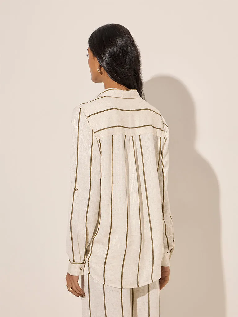 LOV Beige Striped Linen-Blend Shirt