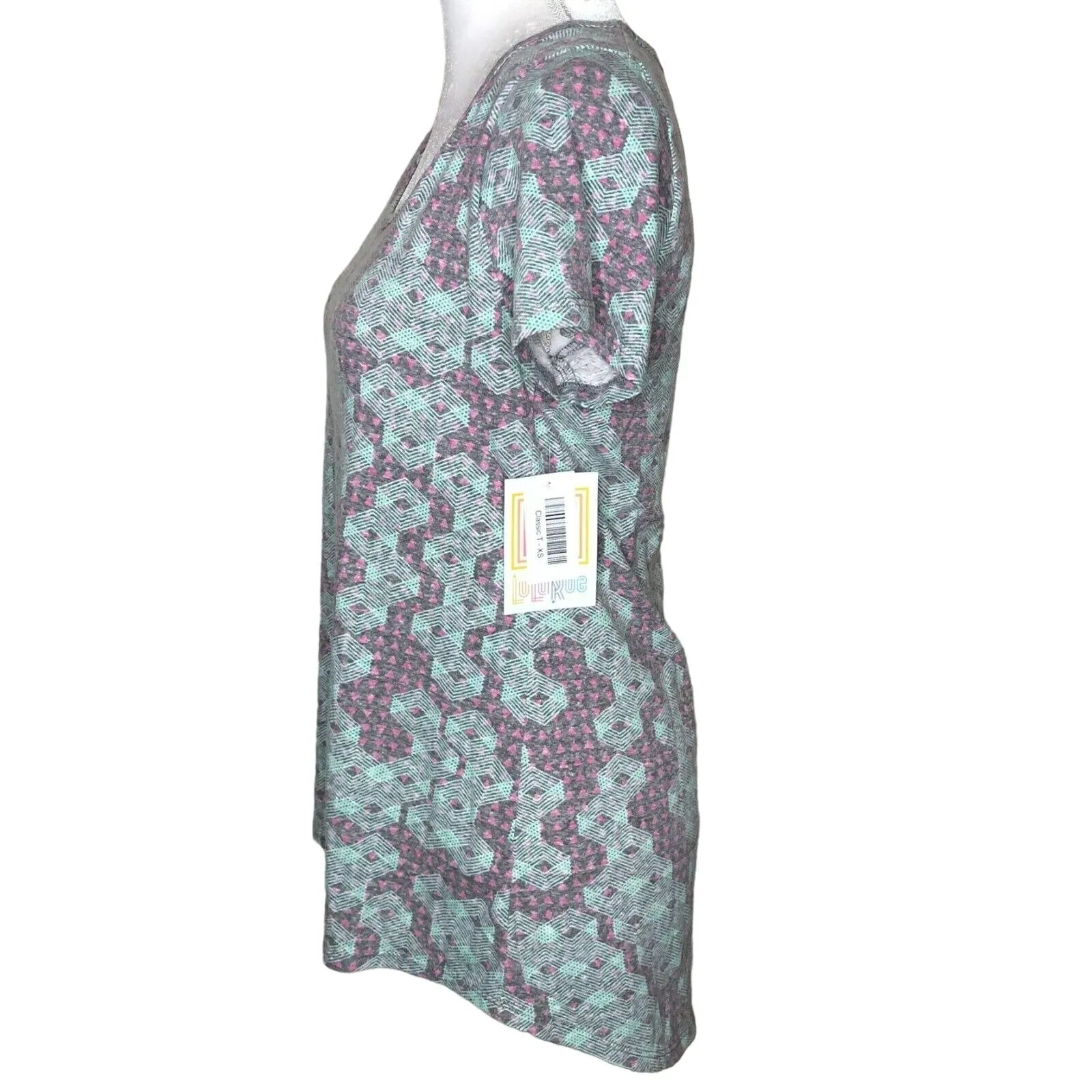 LuLaRoe Classic T Women's Top XS Gray Pink Light Green Geometric NWT