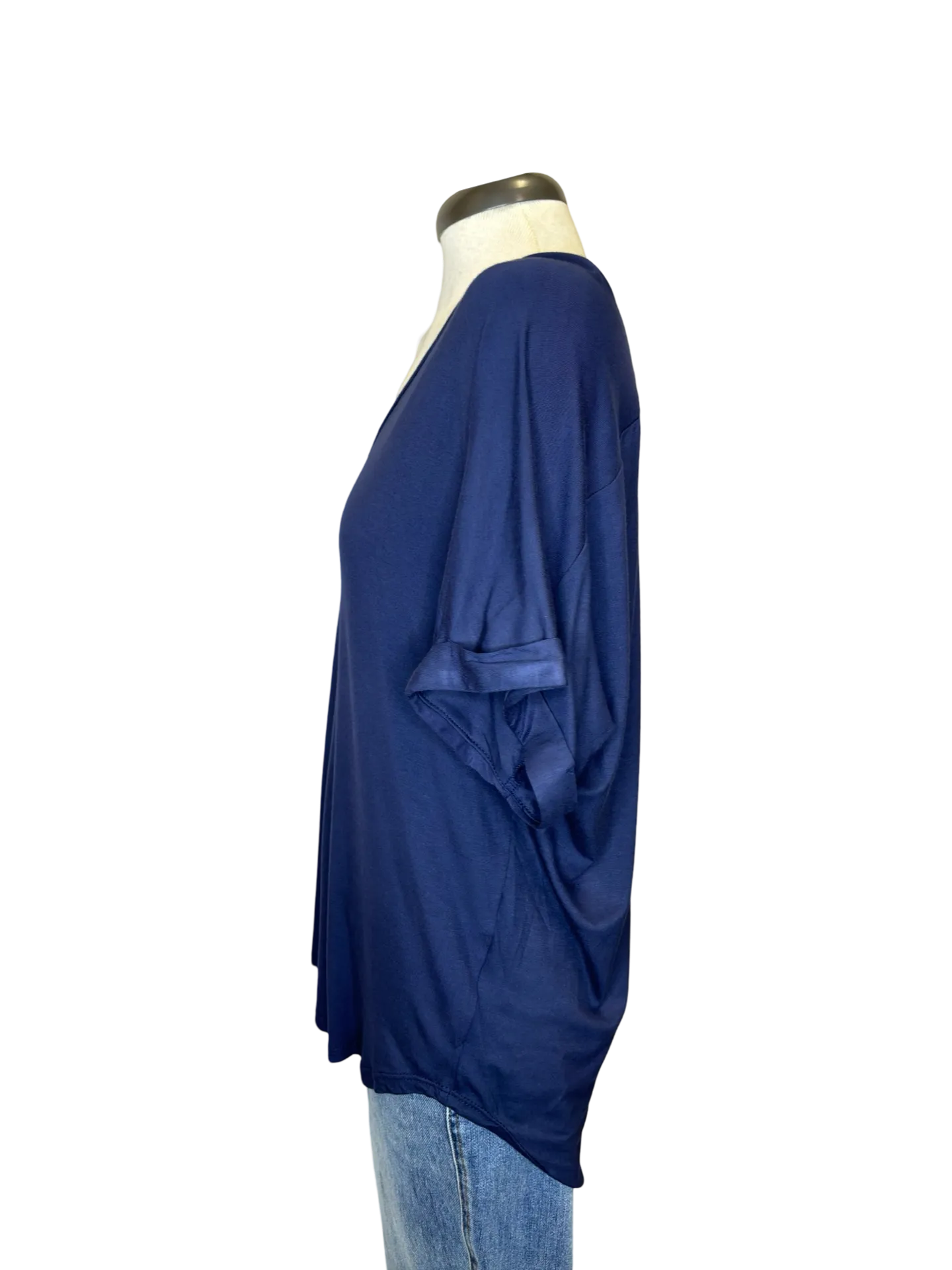 Madison V Neck Folded Cuff Sleeve Top Navy