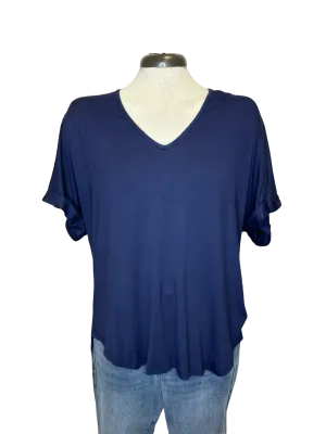 Madison V Neck Folded Cuff Sleeve Top Navy
