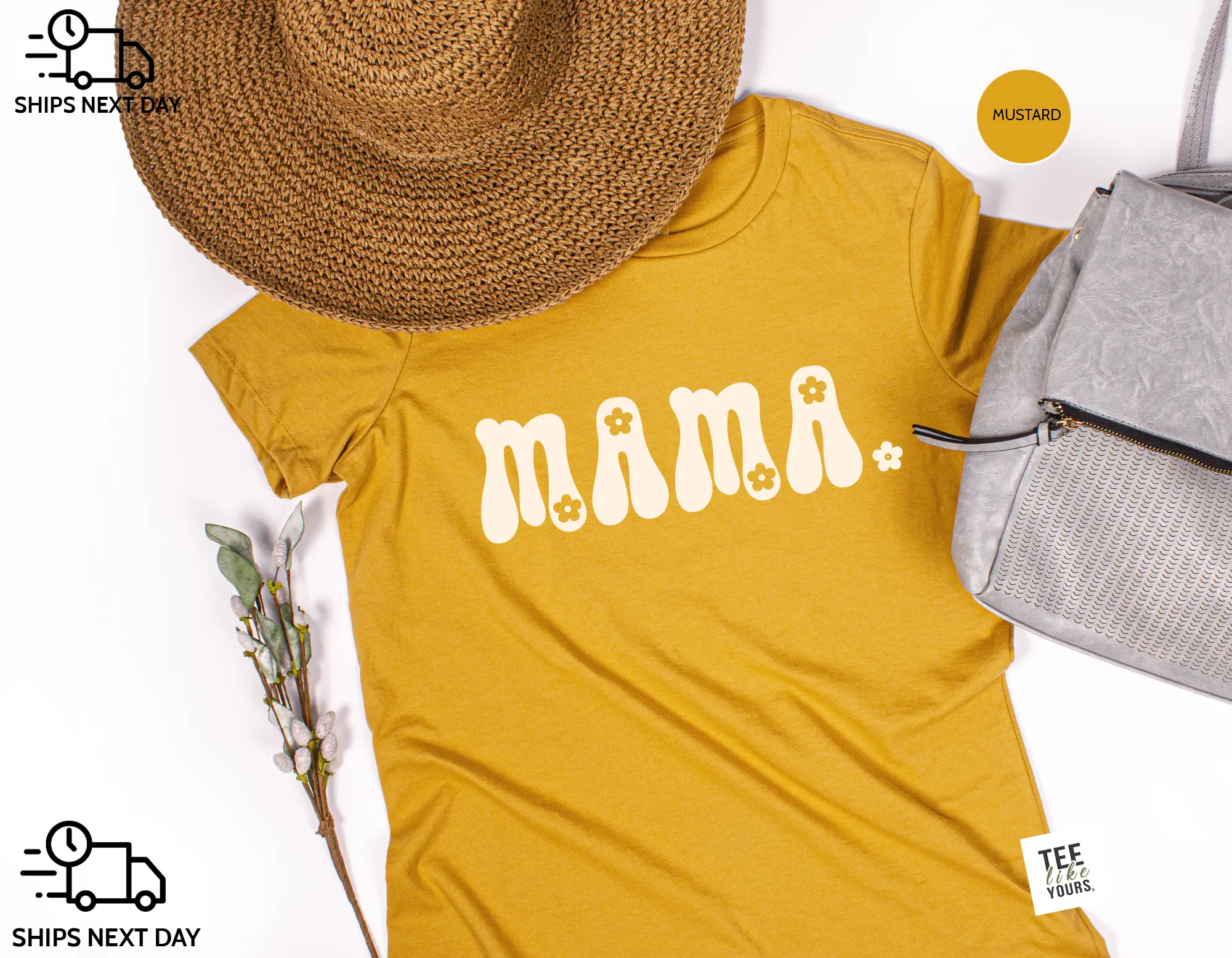 Mama & Mama's Girl, Matching Mommy and Me Flower Shirts, Mustard / Natural