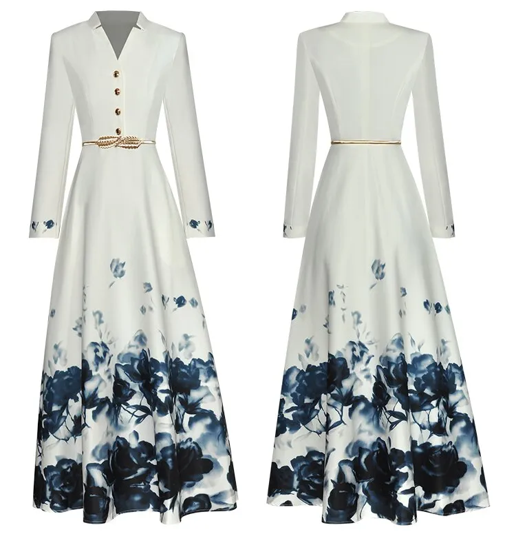Maria V-Neck Long Sleeve Belt Floral Print Single Breasted Vintage Dress