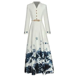 Maria V-Neck Long Sleeve Belt Floral Print Single Breasted Vintage Dress