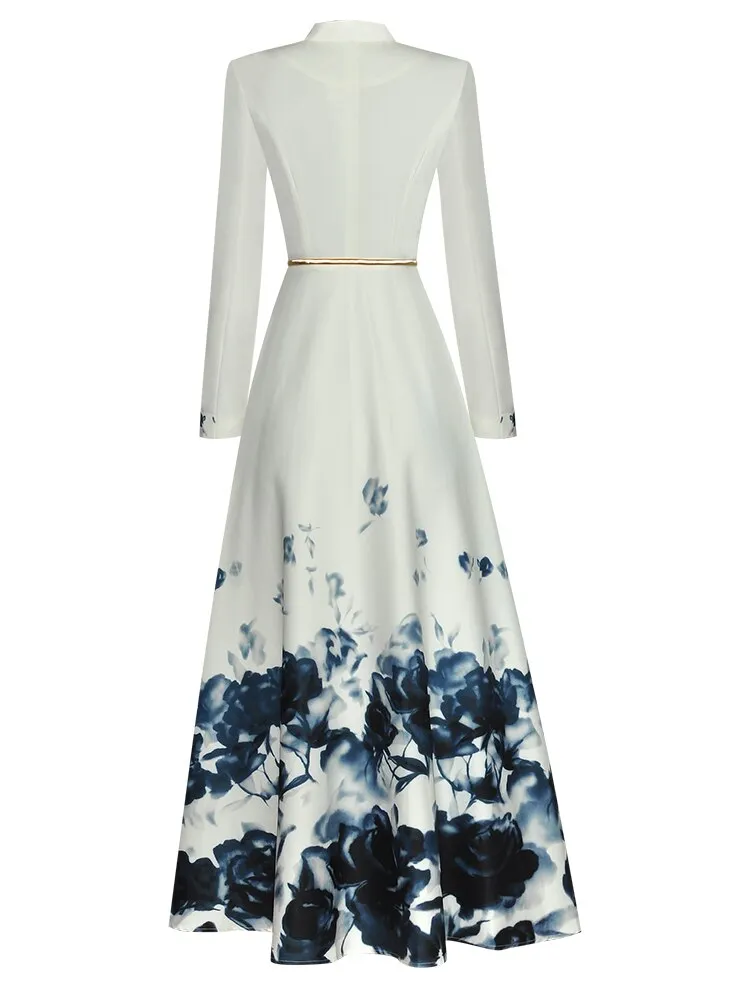 Maria V-Neck Long Sleeve Belt Floral Print Single Breasted Vintage Dress