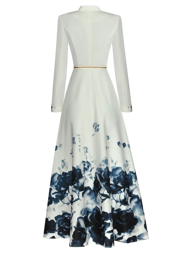 Maria V-Neck Long Sleeve Belt Floral Print Single Breasted Vintage Dress